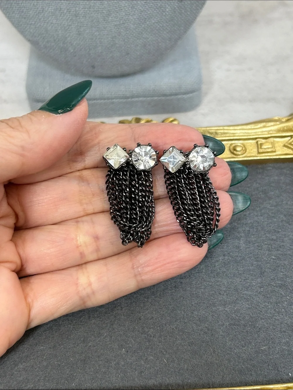Sexy Crystal Stud & Black Chain Fringe Earrings